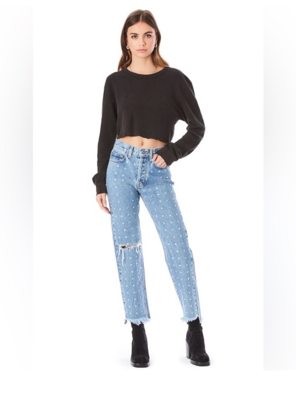 Rhinestone Blue Denim Straight-Leg Jeans